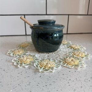 Drip Glazed Pottery Blue and Green Honey Pot with Lid and Dipper